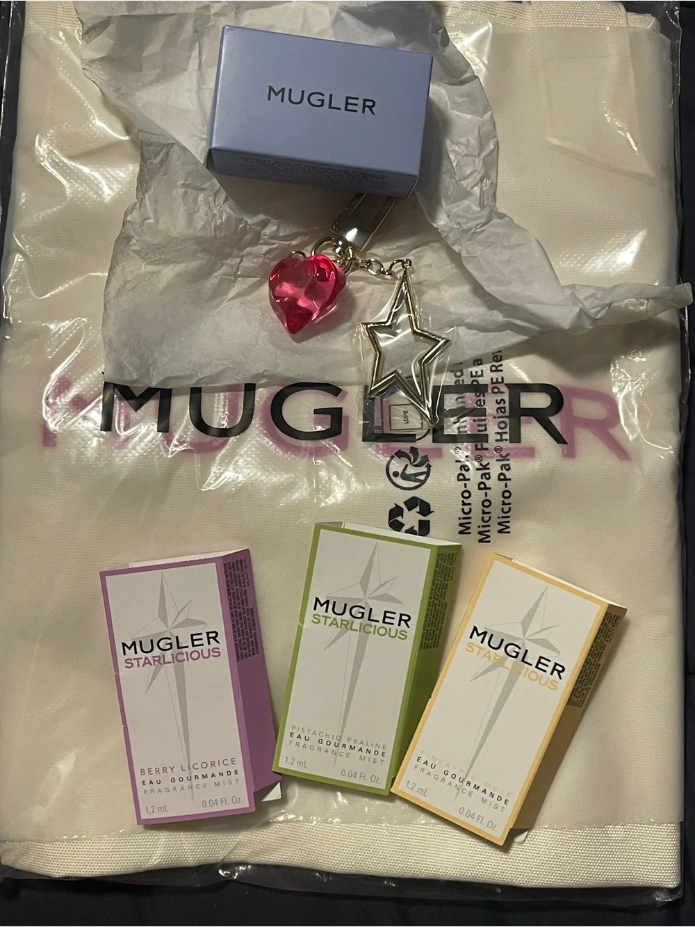 Mugler pink heart & silver star key charm